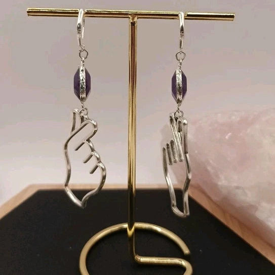 Boucles D'oreilles En Argent Pierre Naturelle Améthyste Violette Fantaisie Main