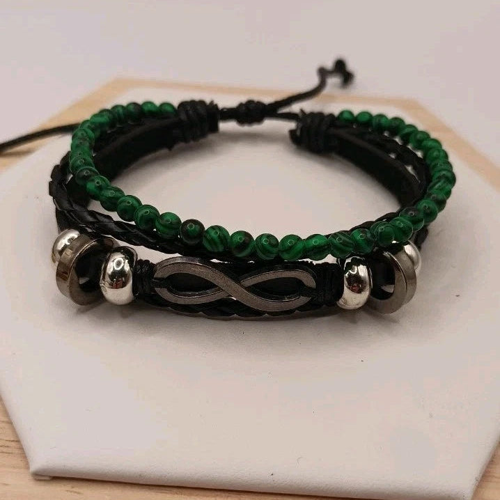 Bracelet Ajustable En Cuir Et Pierre Naturelle Malachite Et Infini ~4mm Les Gemmes de l'Ursuya