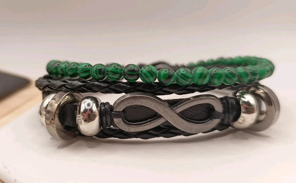 Bracelet Ajustable En Cuir Et Pierre Naturelle Malachite Et Infini ~4mm Les Gemmes de l'Ursuya