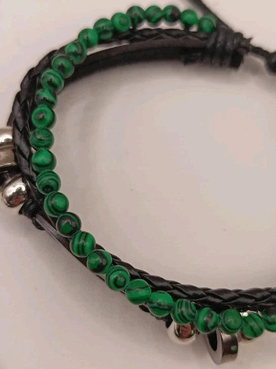 Bracelet Ajustable En Cuir Et Pierre Naturelle Malachite Et Infini ~4mm Les Gemmes de l'Ursuya
