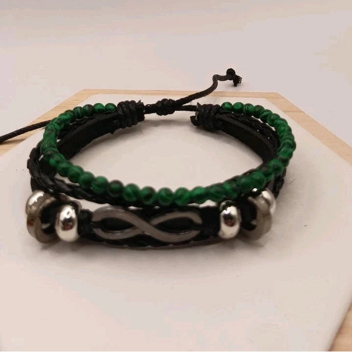 Bracelet Ajustable En Cuir Et Pierre Naturelle Malachite Et Infini ~4mm Les Gemmes de l'Ursuya