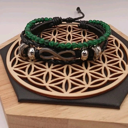Bracelet Ajustable En Cuir Et Pierre Naturelle Malachite Et Infini ~4mm