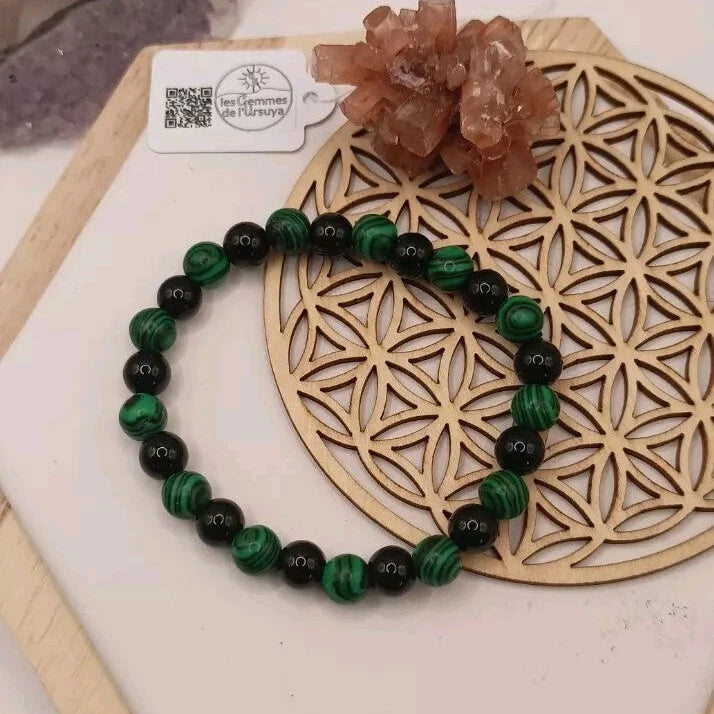 Bracelet Pierre Naturelle Malachite Verte Et Onyx Élastique Perles 8mm Les Gemmes de l'Ursuya