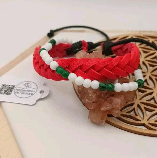 Bracelet Ajustable En Cuir Et Pierre Naturelle Malachite Et Onxy ~4mm