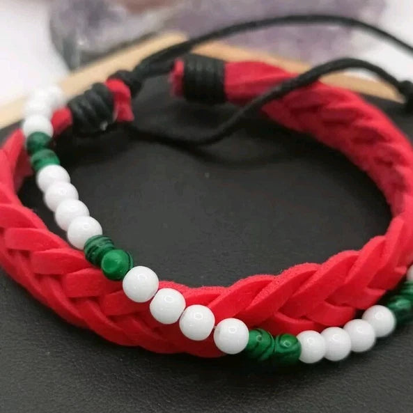 Bracelet Ajustable En Cuir Et Pierre Naturelle Malachite Et Onxy ~4mm