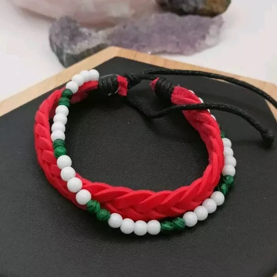 Bracelet Ajustable En Cuir Et Pierre Naturelle Malachite Et Onxy ~4mm