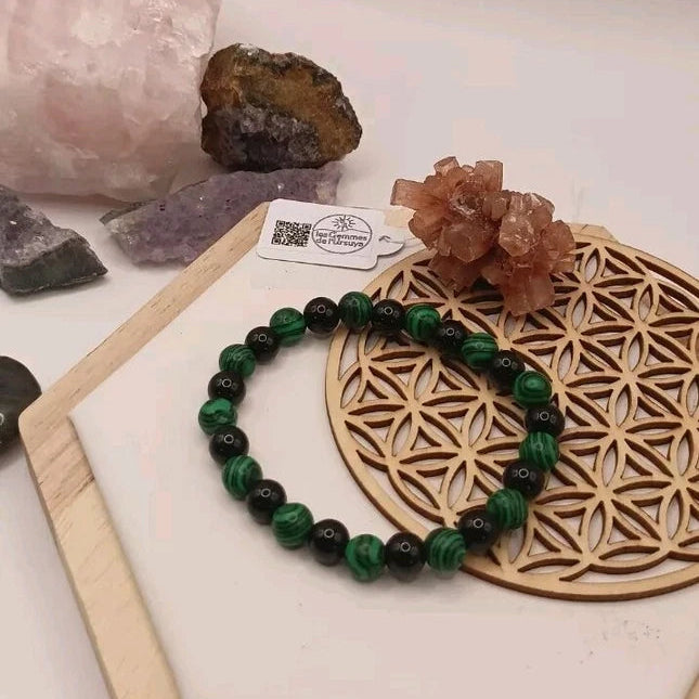 Bracelet Pierre Naturelle Malachite Verte Et Onyx Élastique Perles 8mm Les Gemmes de l'Ursuya