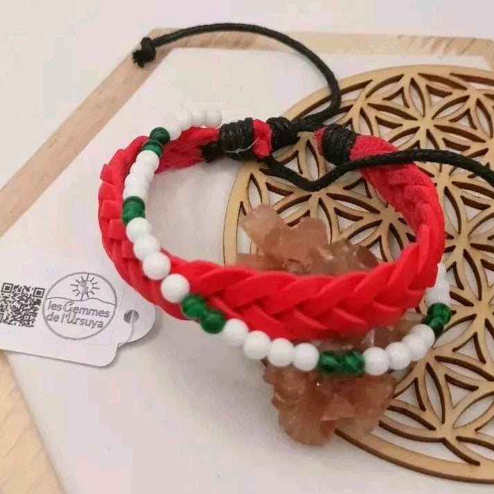 Bracelet Ajustable En Cuir Et Pierre Naturelle Malachite Et Onxy ~4mm