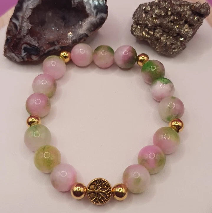 Bracelet Pierre naturelle tourmaline Melon D'eau Et Arbre De Vie 10mm Les Gemmes de l'Ursuya
