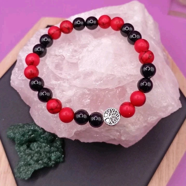 Bracelet En Holwite Rouge, Onyx Et Arbre De Vie Les Gemmes de l'Ursuya