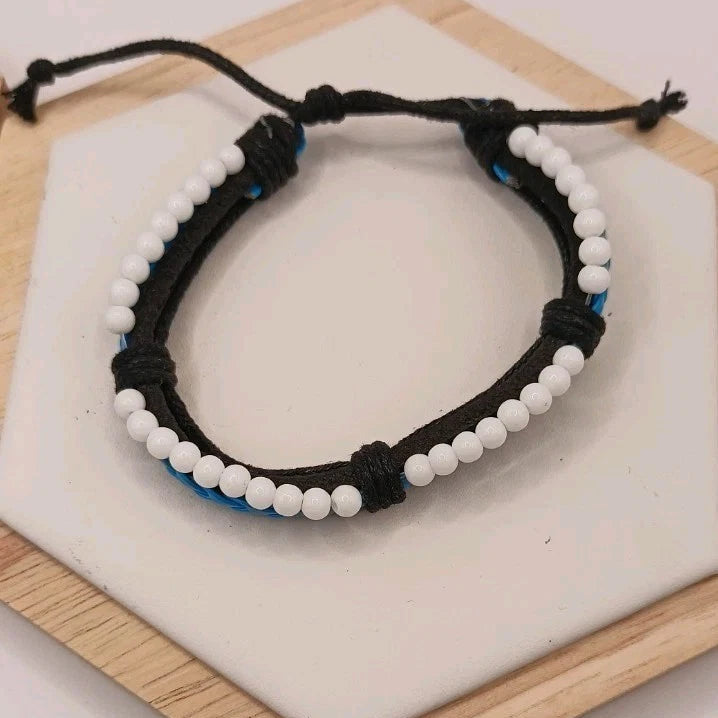 Bracelet Ajustable En Cuir Et Pierre Naturelle Onxy ~4mm Les Gemmes de l'Ursuya