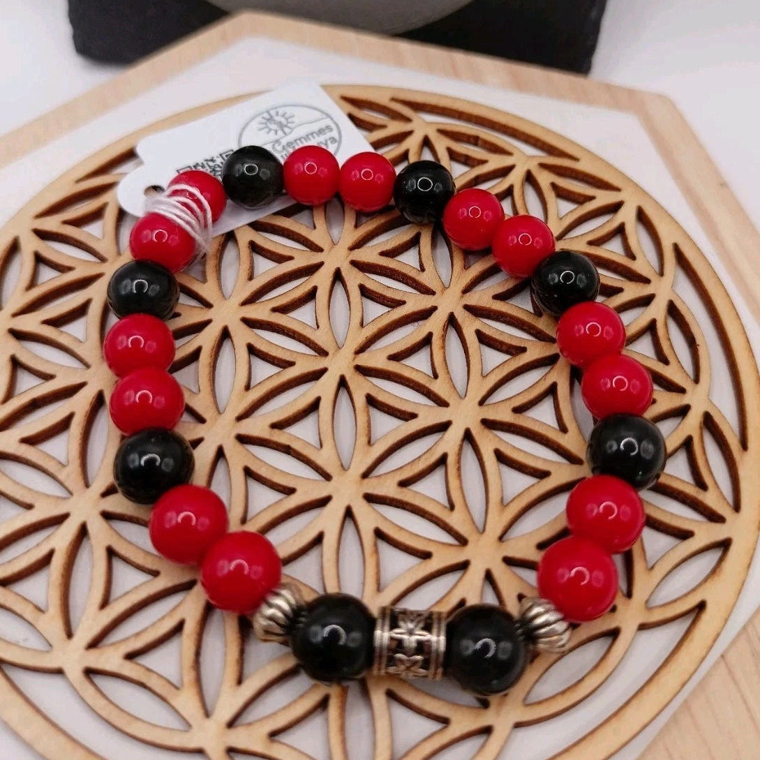Bracelet pierres naturelles – Corail fossil & Obsidienne avec accessoires argentés Les Gemmes de l'Ursuya