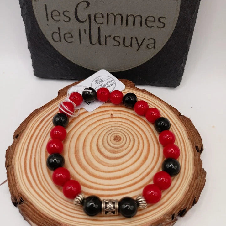 Bracelet pierres naturelles – Corail fossil & Obsidienne avec accessoires argentés Les Gemmes de l'Ursuya