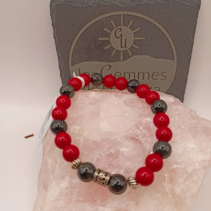 Bracelet pierres naturelles – Corail fossil & Obsidienne avec accessoires argentés Les Gemmes de l'Ursuya