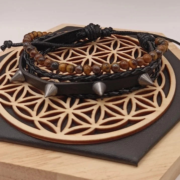 Bracelet Ajustable En Cuir Et Pierre Naturelle oeil De Tigre Et Piques ~4mm Les Gemmes de l'Ursuya