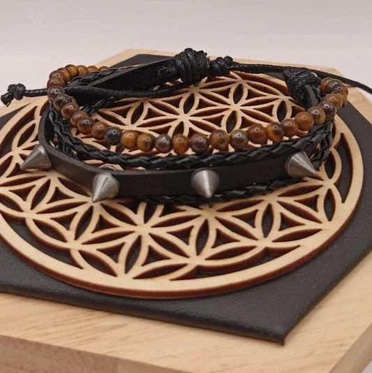 Bracelet Ajustable En Cuir Et Pierre Naturelle oeil De Tigre Et Piques ~4mm Les Gemmes de l'Ursuya