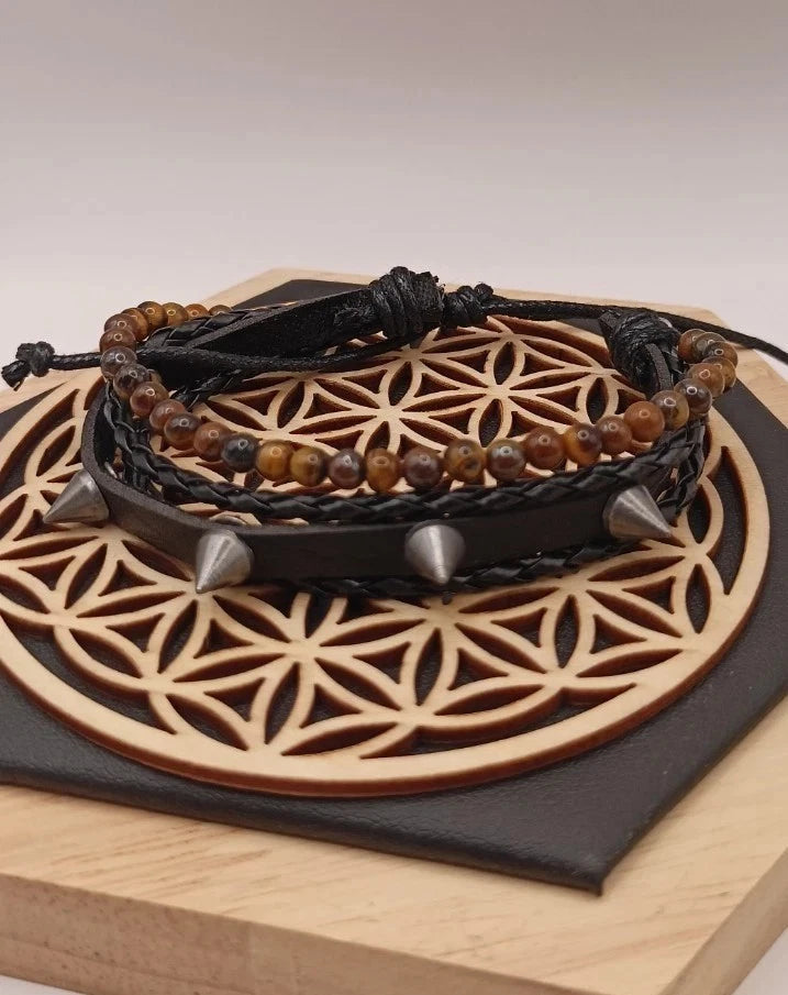 Bracelet Ajustable En Cuir Et Pierre Naturelle oeil De Tigre Et Piques ~4mm Les Gemmes de l'Ursuya