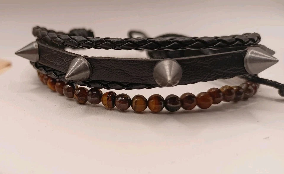 Bracelet Ajustable En Cuir Et Pierre Naturelle oeil De Tigre Et Piques ~4mm Les Gemmes de l'Ursuya