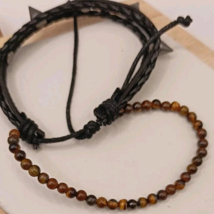 Bracelet Ajustable En Cuir Et Pierre Naturelle oeil De Tigre Et Piques ~4mm Les Gemmes de l'Ursuya