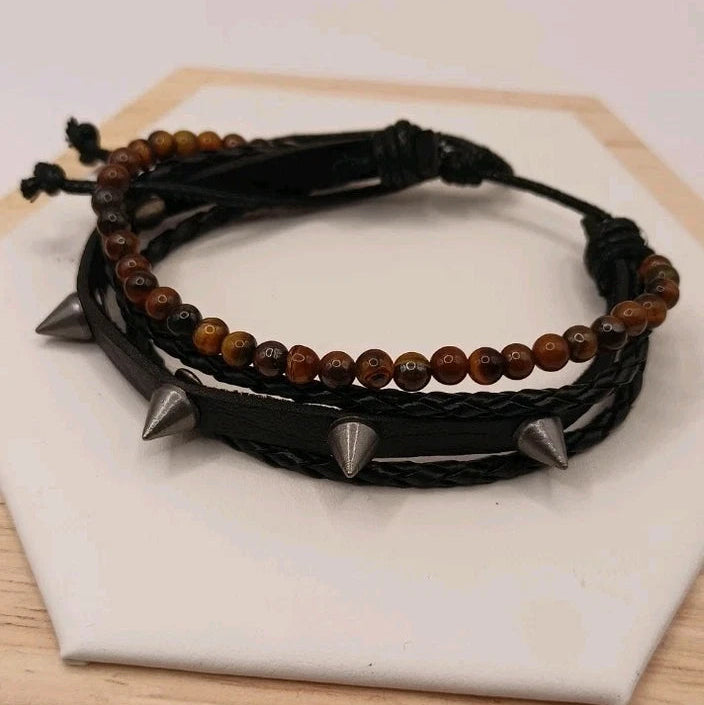 Bracelet Ajustable En Cuir Et Pierre Naturelle oeil De Tigre Et Piques ~4mm Les Gemmes de l'Ursuya