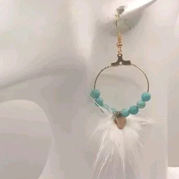 Boucles D'oreilles Holwite Turquoise Et Plume Blanche Anneaux Dormeuses Dorées Les Gemmes de l'Ursuya