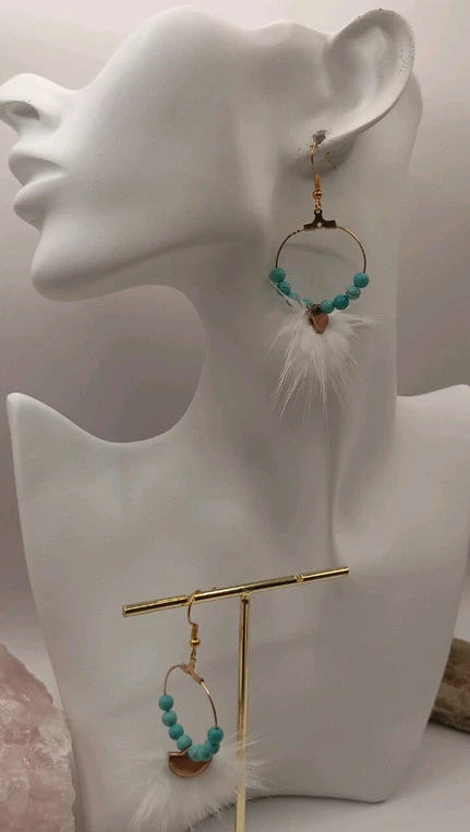 Boucles D'oreilles Holwite Turquoise Et Plume Blanche Anneaux Dormeuses Dorées Les Gemmes de l'Ursuya