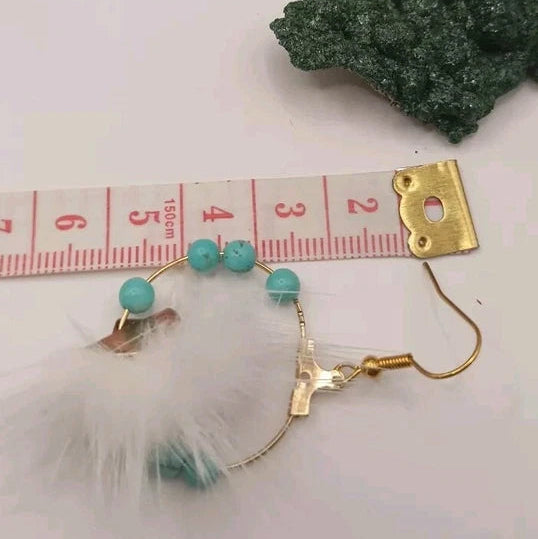 Boucles D'oreilles Holwite Turquoise Et Plume Blanche Anneaux Dormeuses Dorées Les Gemmes de l'Ursuya