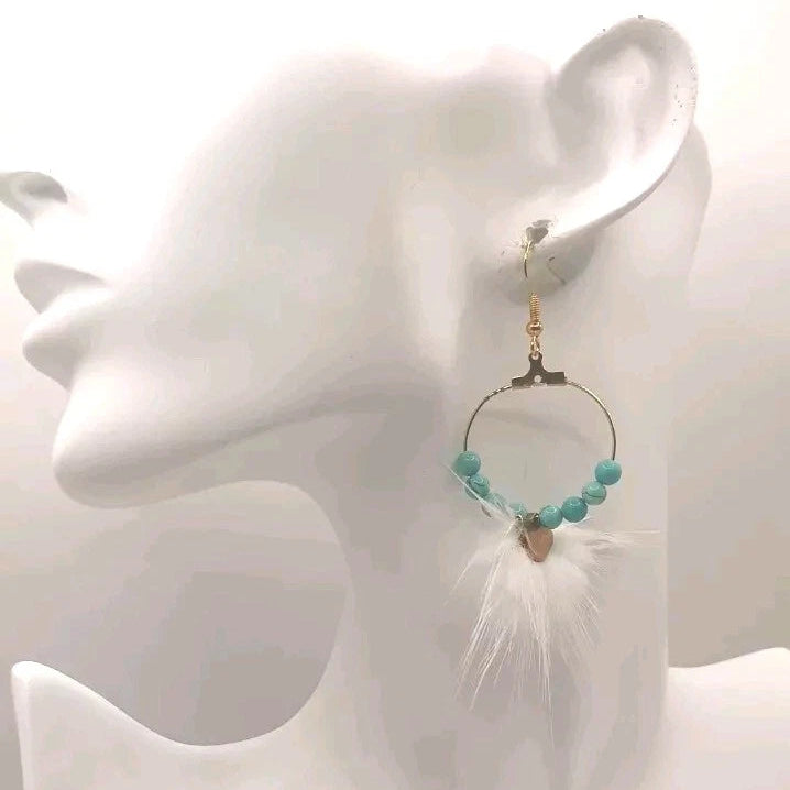 Boucles D'oreilles Holwite Turquoise Et Plume Blanche Anneaux Dormeuses Dorées Les Gemmes de l'Ursuya