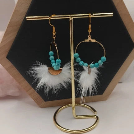 Boucles D'oreilles Holwite Turquoise Et Plume Blanche Anneaux Dormeuses Dorées