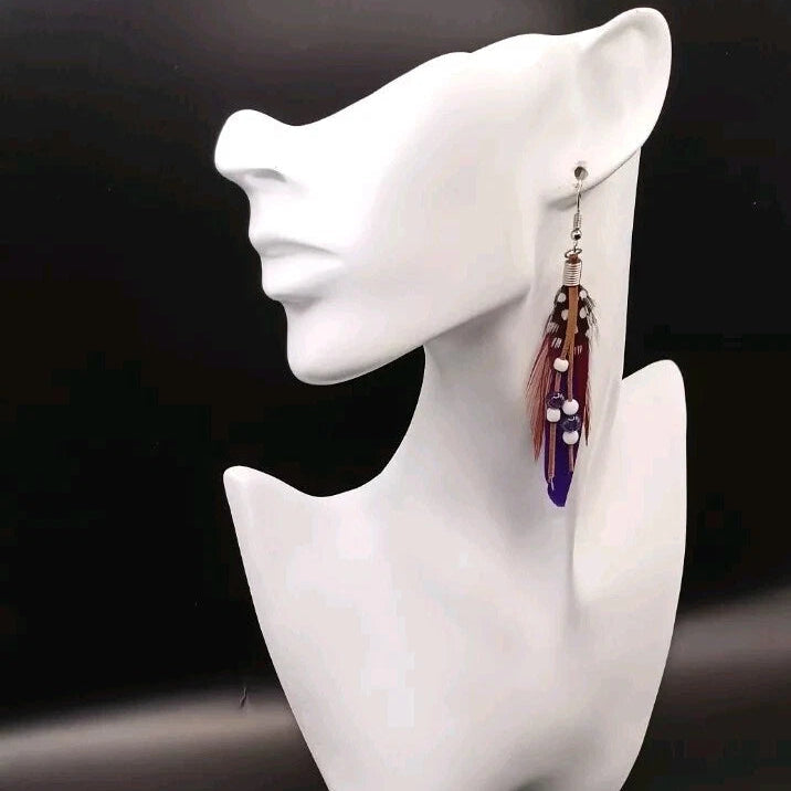 Boucles D'oreilles Pierre Naturelle Améthyste Et Obsidienne Et Plume Dépareillés Les Gemmes de l'Ursuya