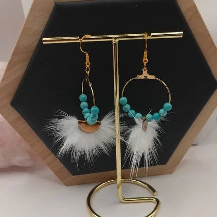 Boucles D'oreilles Holwite Turquoise Et Plume Blanche Anneaux Dormeuses Dorées Les Gemmes de l'Ursuya