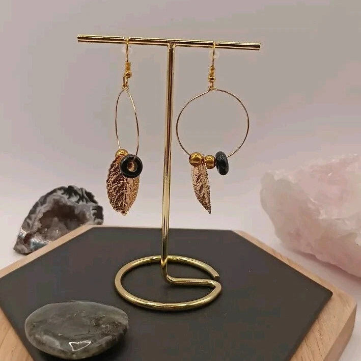 Boucles D'oreilles Et Pierre Du Soleil (En Verre) + Plume Et Perles Dorée Les Gemmes de l'Ursuya