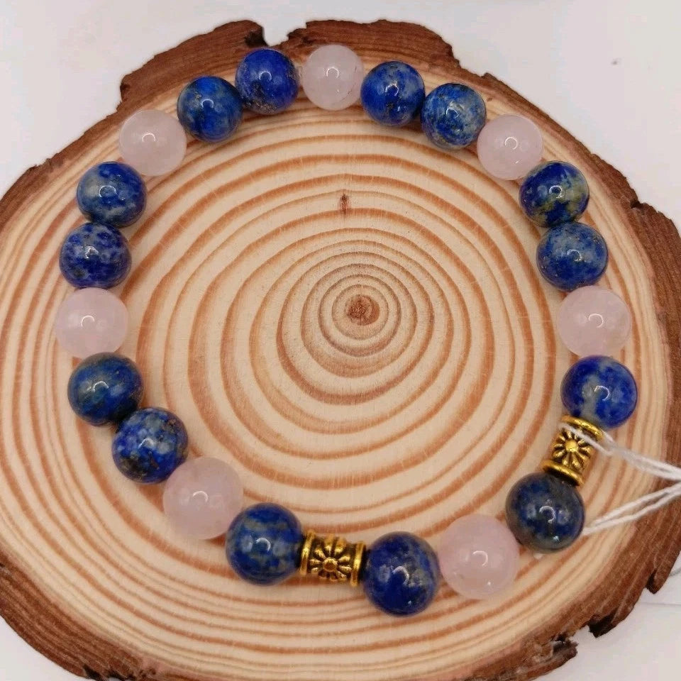 Bracelet Pierres Naturelles Lapis lazuli 3A & Quartz Rose Acces. Dorée