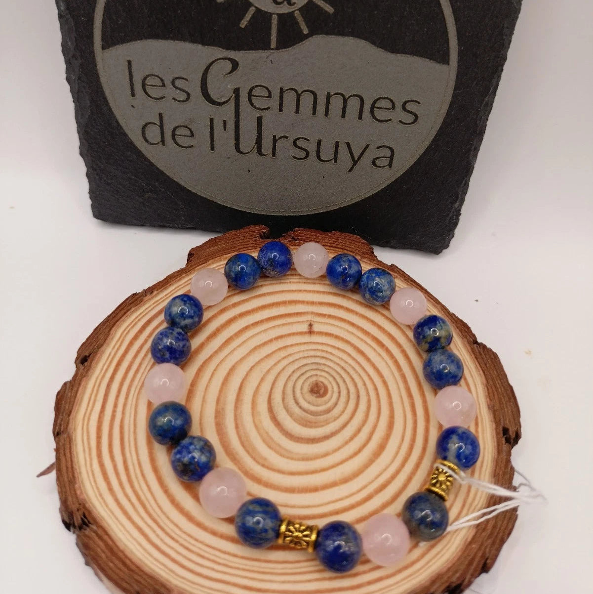 Bracelet Pierres Naturelles Lapis lazuli 3A & Quartz Rose Acces. Dorée