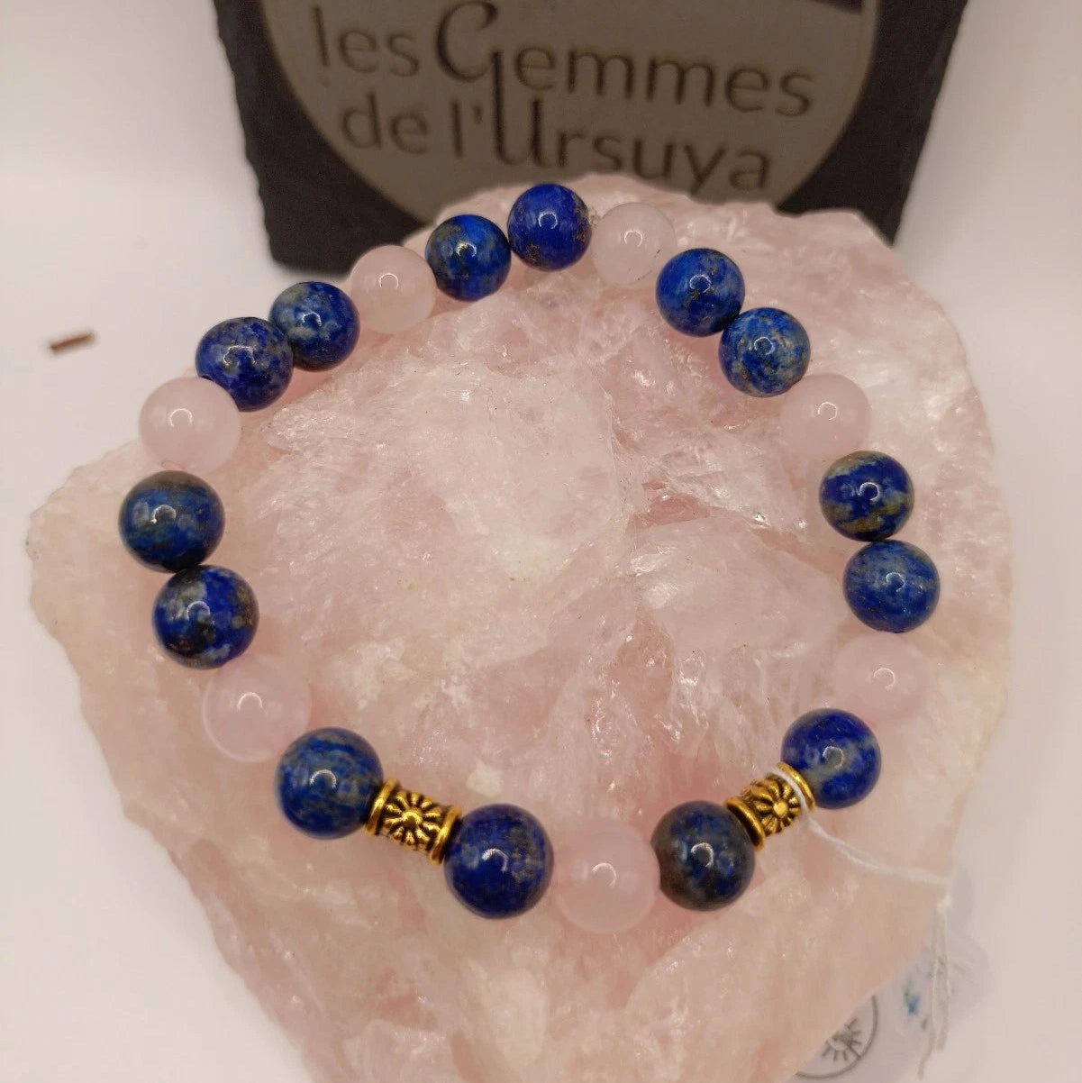 Bracelet Pierres Naturelles Lapis lazuli 3A & Quartz Rose Acces. Dorée