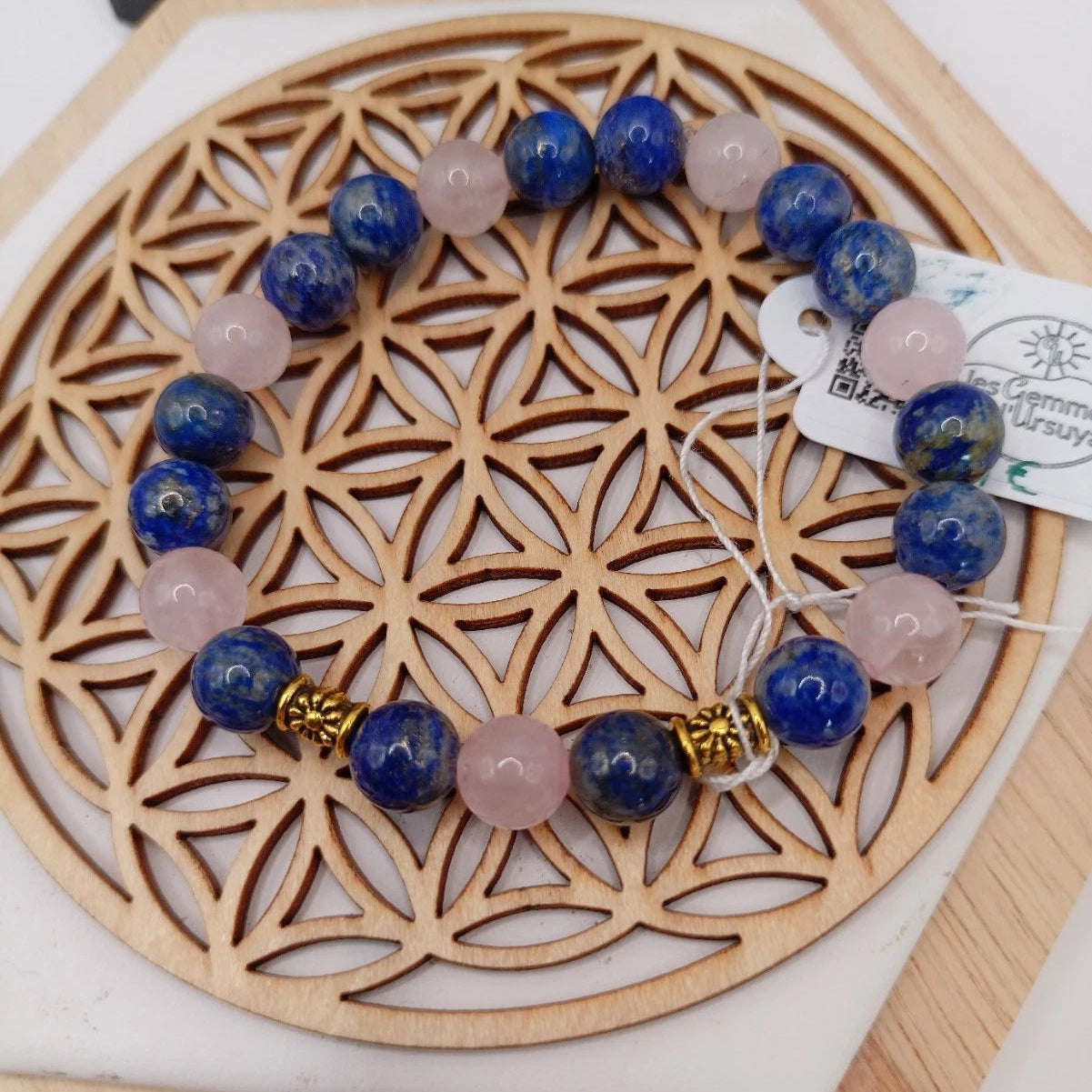 Bracelet Pierres Naturelles Lapis lazuli 3A & Quartz Rose Acces. Dorée