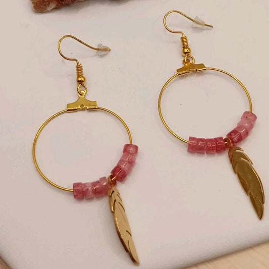Boucles D'oreilles Pierre Naturelle Quartz Rose Plume Dorée