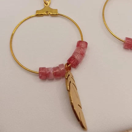 Boucles D'oreilles Pierre Naturelle Quartz Rose Plume Dorée Les Gemmes de l'Ursuya