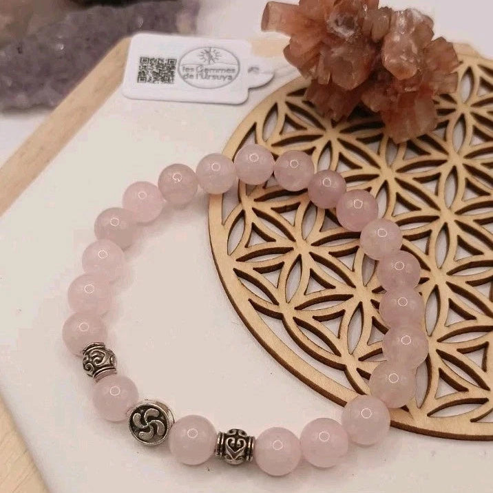 Bracelet Quartz Rose Pierre Naturelle Lauburu Basque Perles 8mm Les Gemmes de l'Ursuya