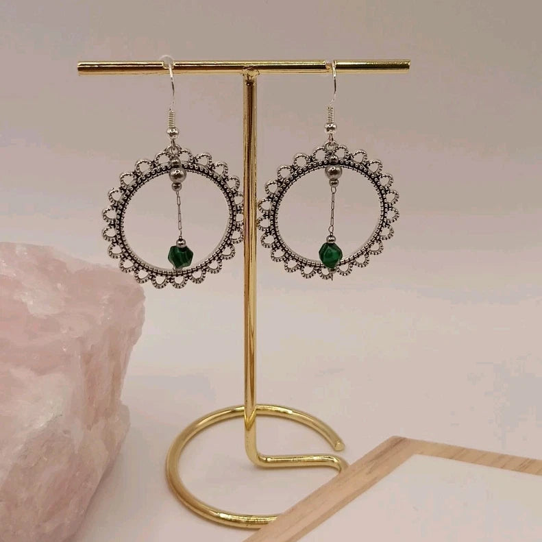 Boucles d'oreille Fantaisie Acier ou Argent Et Pierre Naturelle Malachite Verte Les Gemmes de l'Ursuya