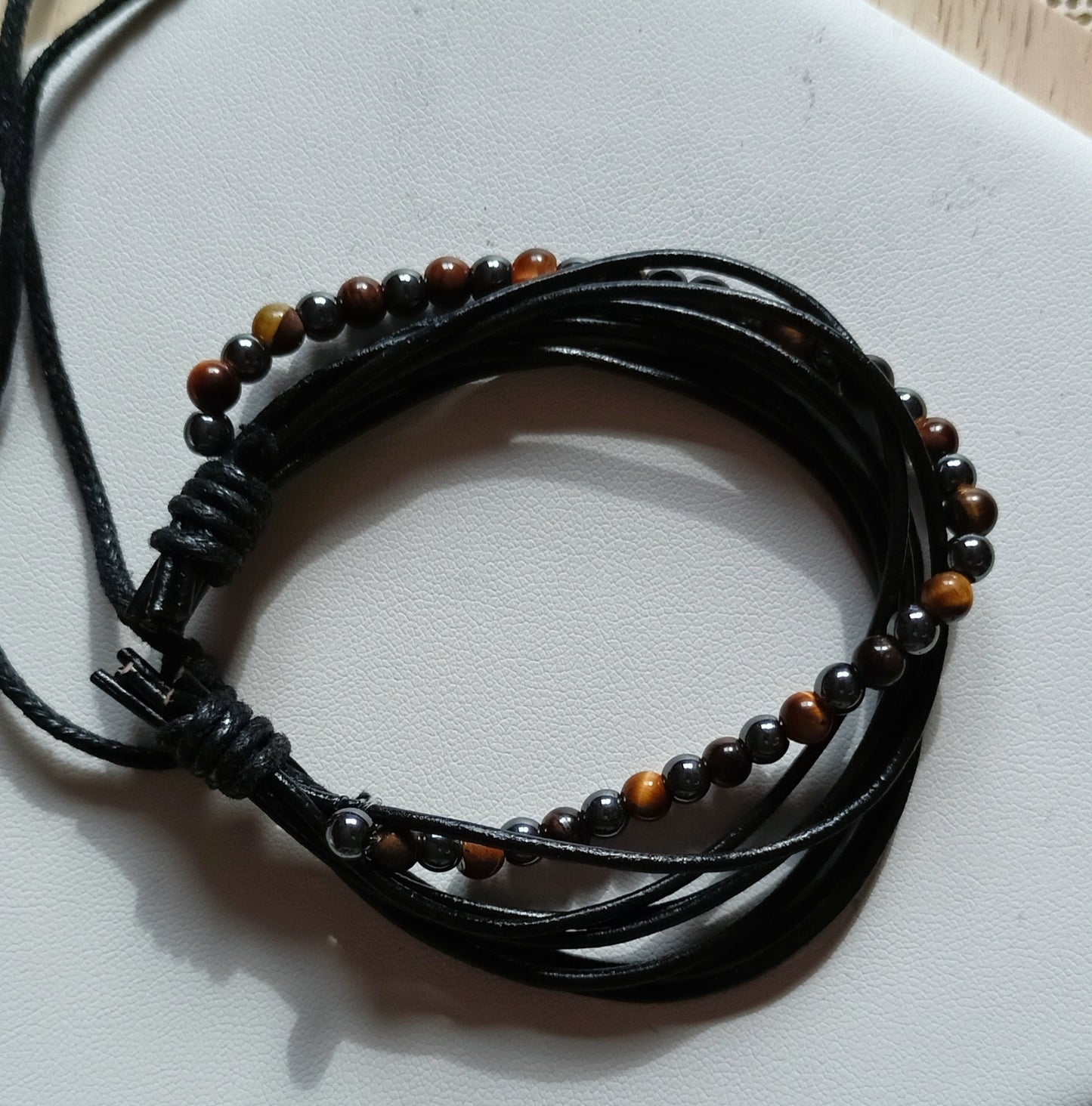 Bracelet Ajustable En Cuir Et Pierre Naturelle oeil De Tigre & hématite