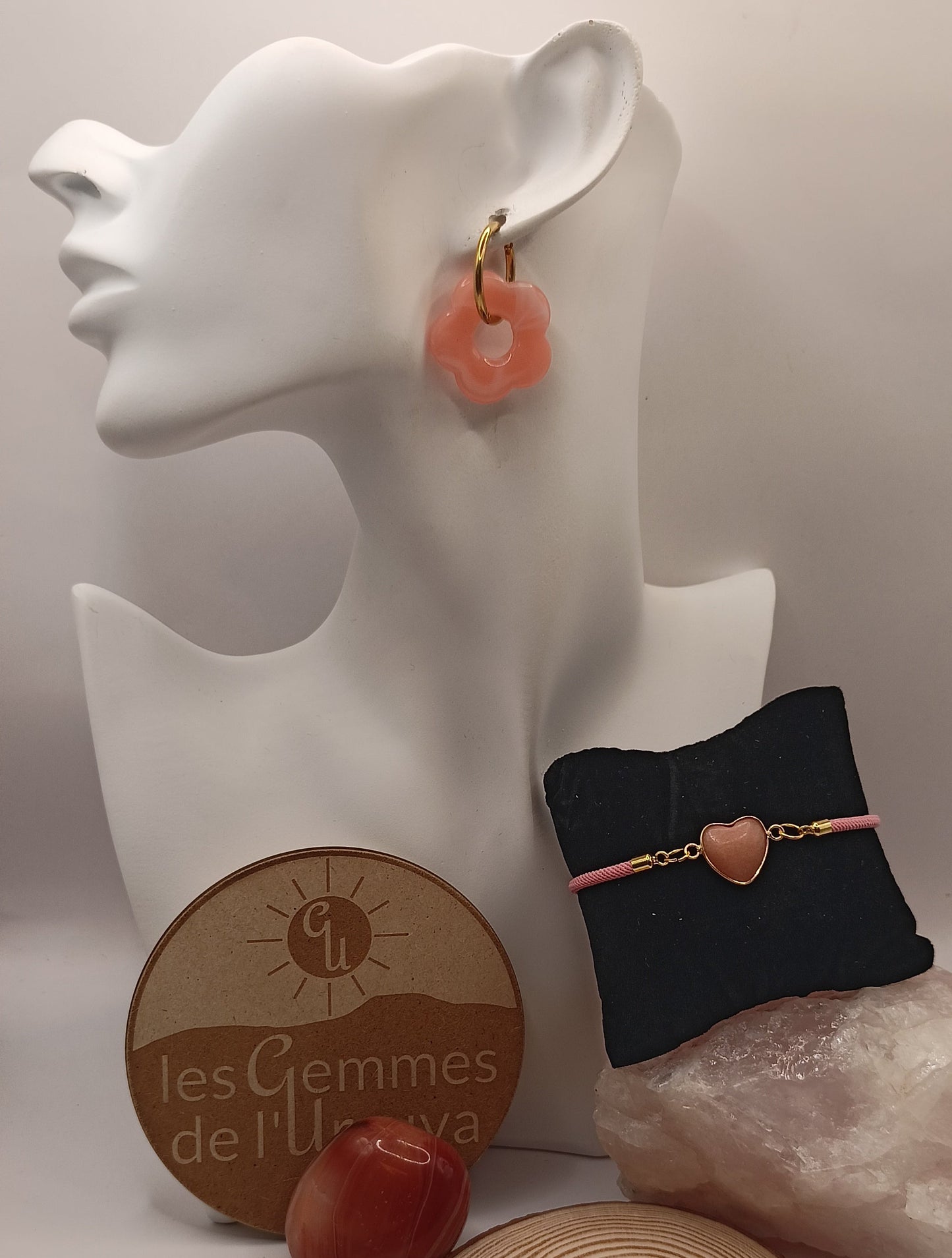 Parure Basque Lauburu bracelet ajustable et boucles d'oreilles _ Pierre Naturelle aventurine orange coeur