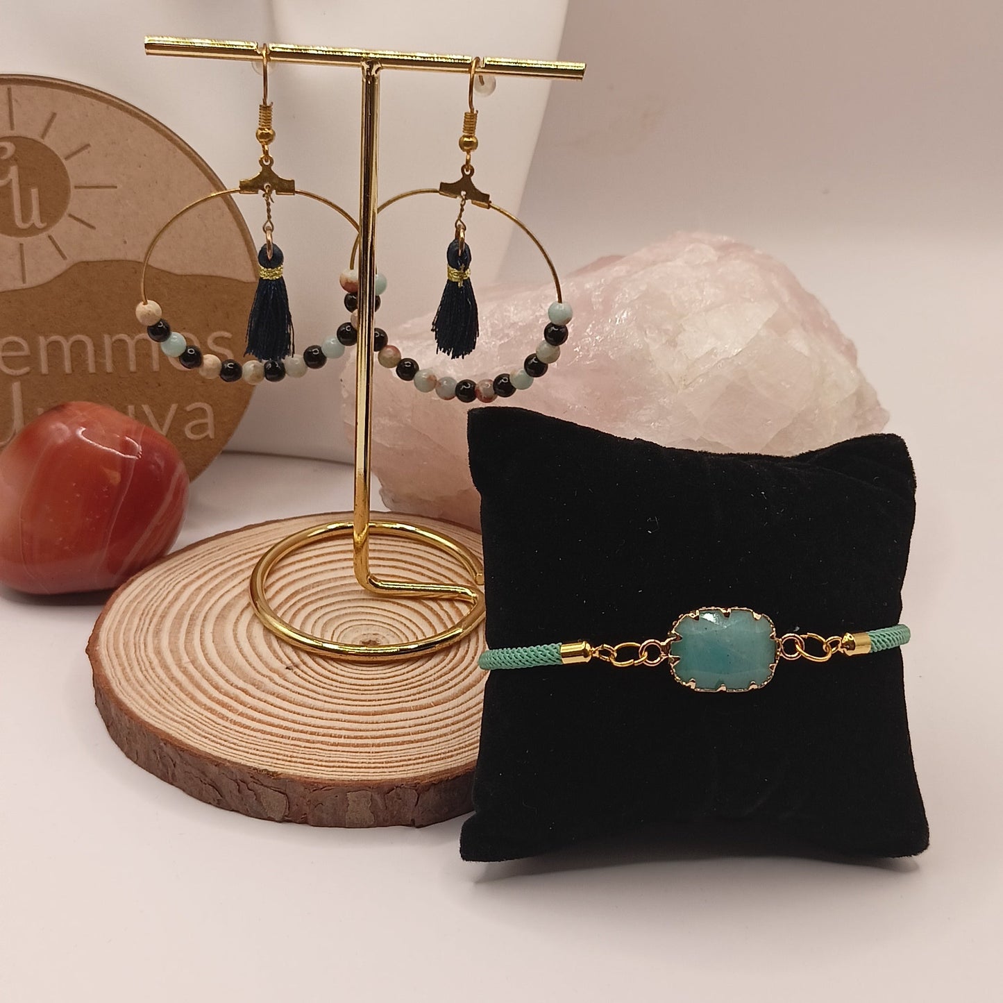 Parure boucles et bracelet ajustable Et Pierre Naturelle Amazonite