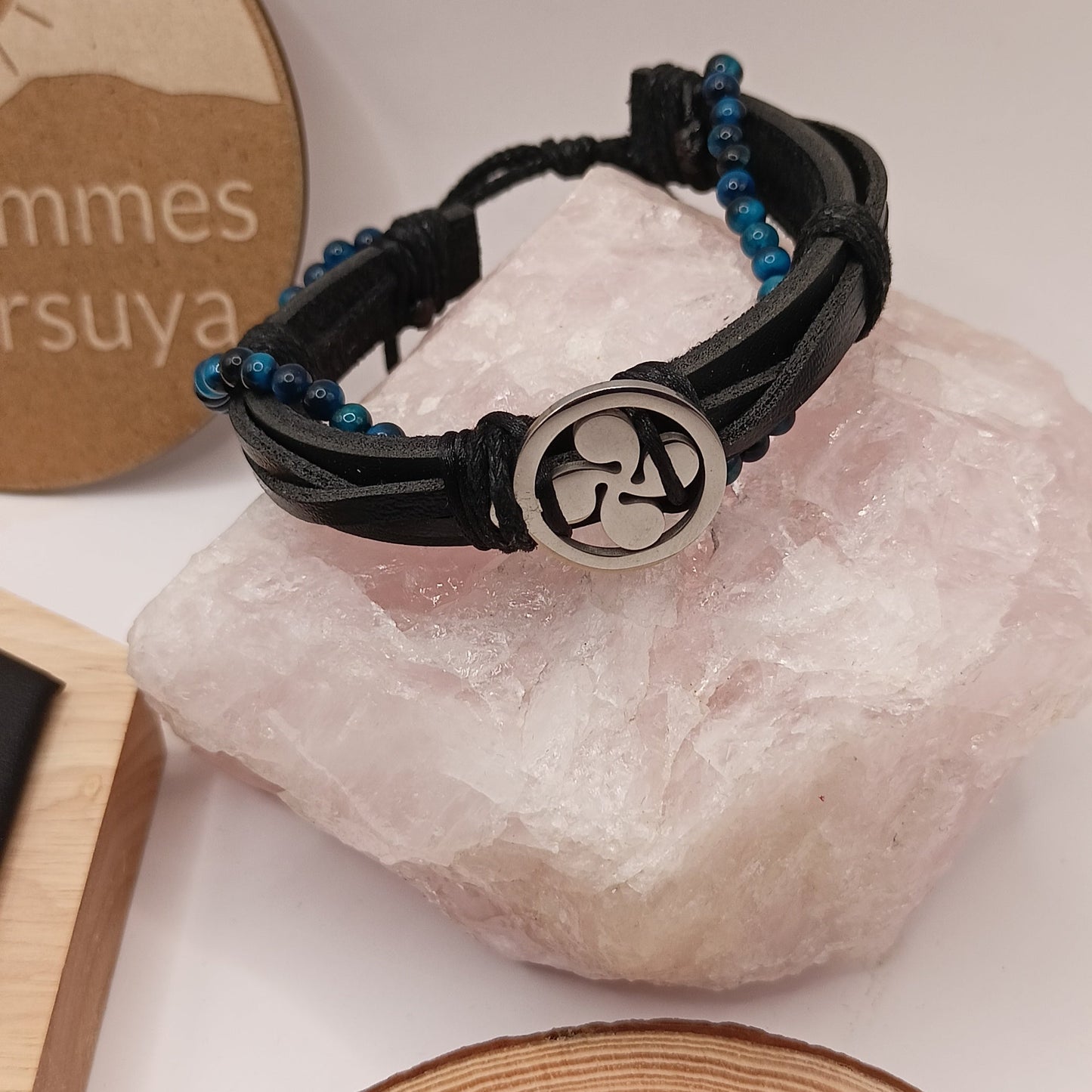 Bracelet Ajustable En Cuir Et Pierre Naturelle oeil du faucon Et Coix Basque~4mm