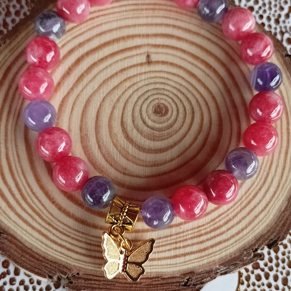 Bracelet en pierre naturelle Améthyste 3A et tourmaline rose pendentif papillon