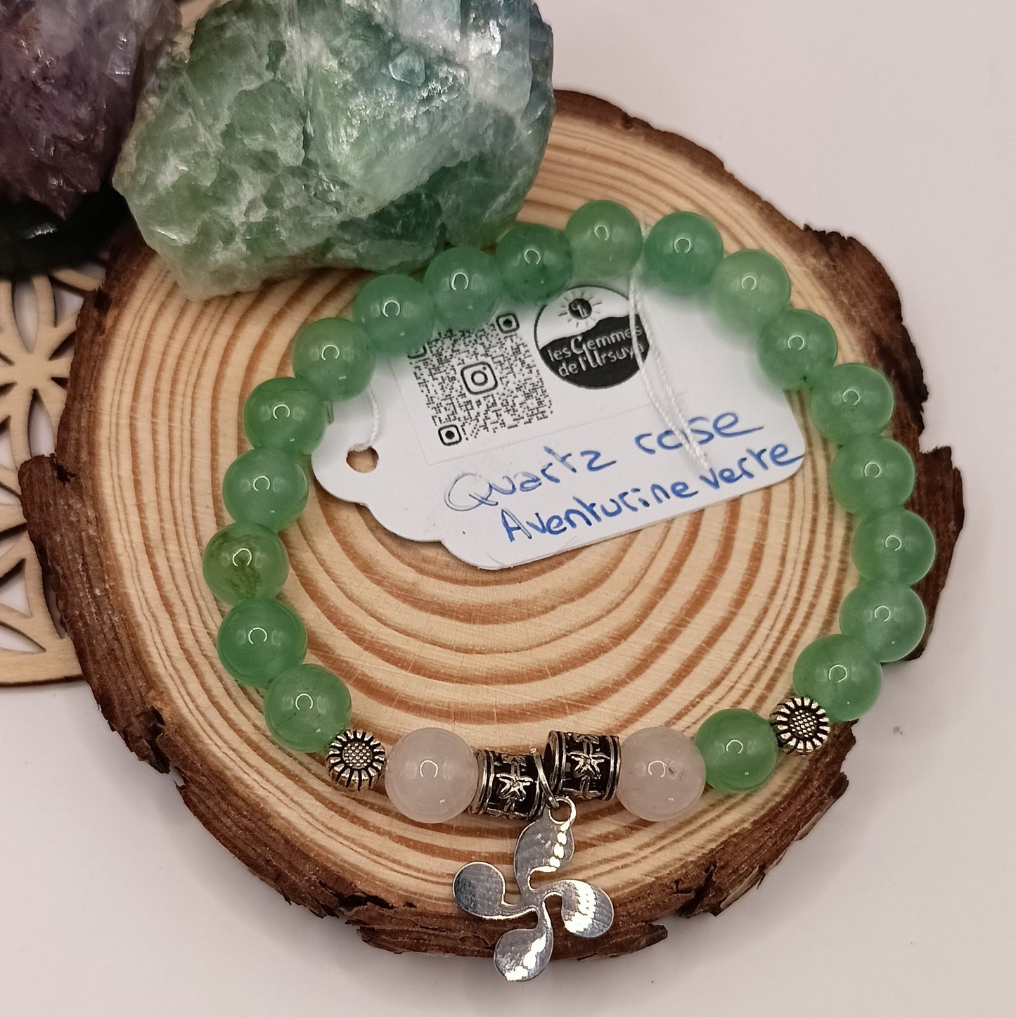 Bracelet Aventurine verte & Quartz Rose Pierre Naturelle Lauburu Basque Perles 8mm
