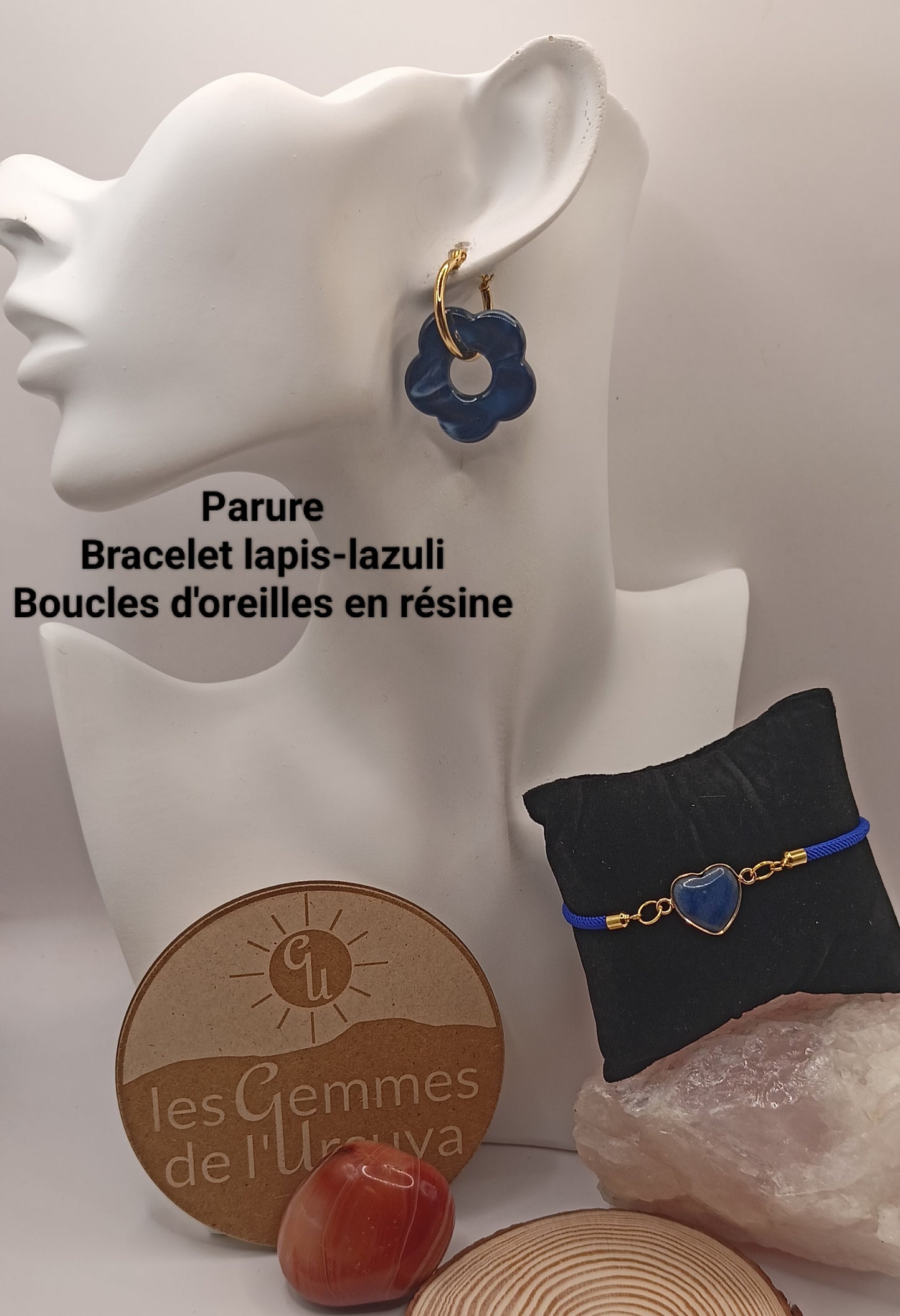 Parure boucles et bracelet Et Pierre Naturelle lapis-lazuli cœur