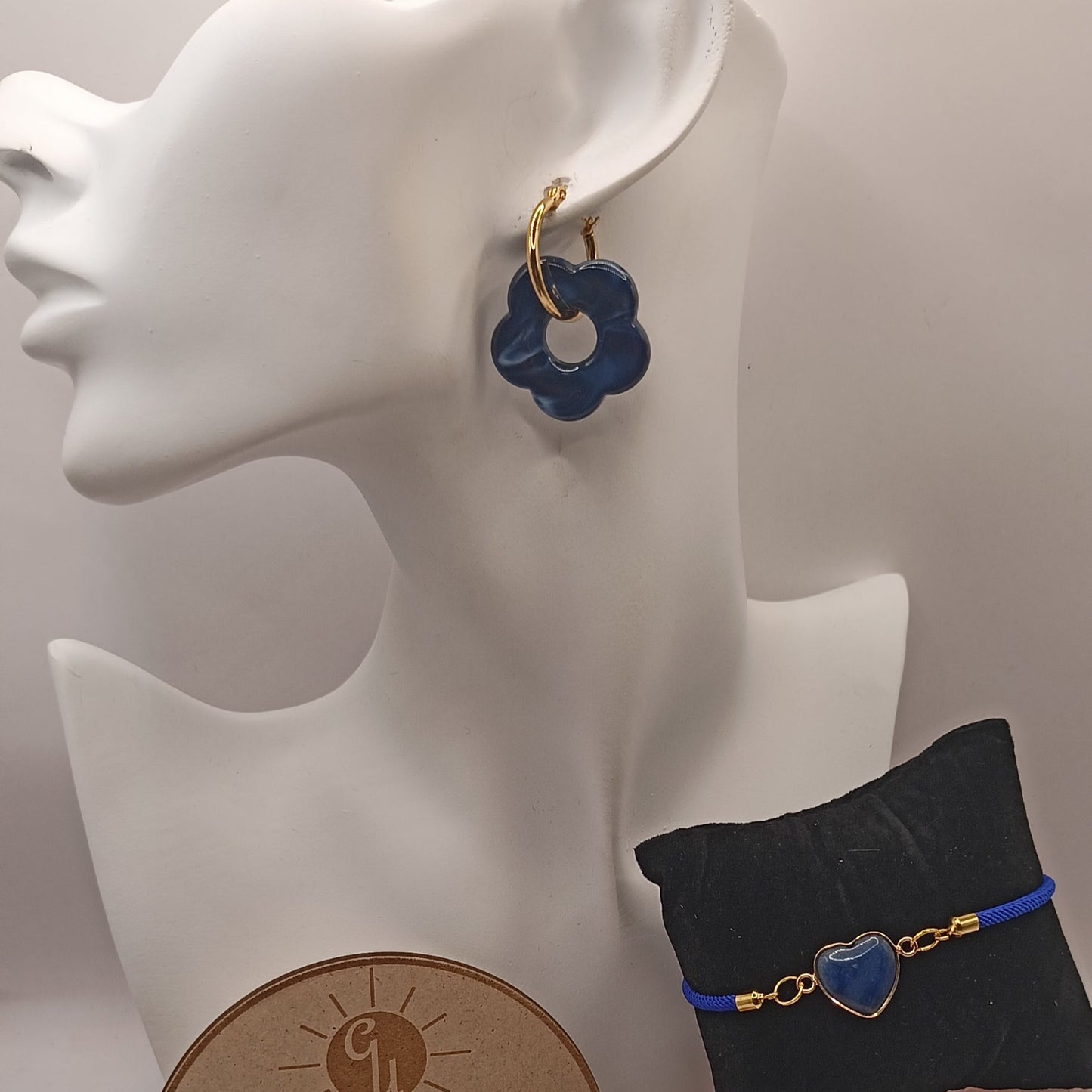 Parure boucles et bracelet Et Pierre Naturelle lapis-lazuli cœur