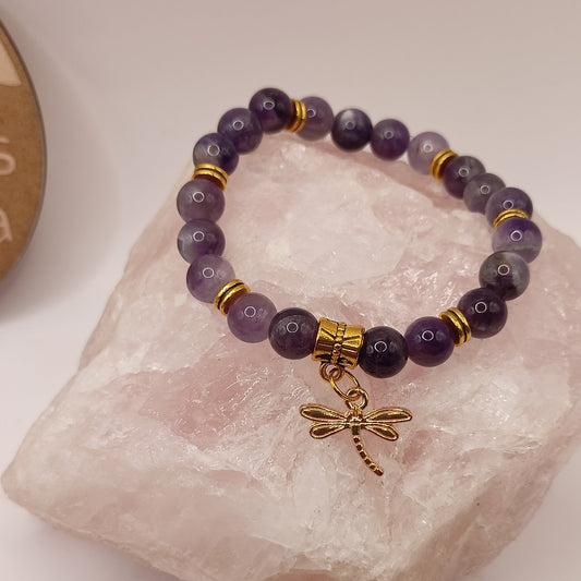 Bracelet en pierre naturelle Améthyste 3A pendentif libellule