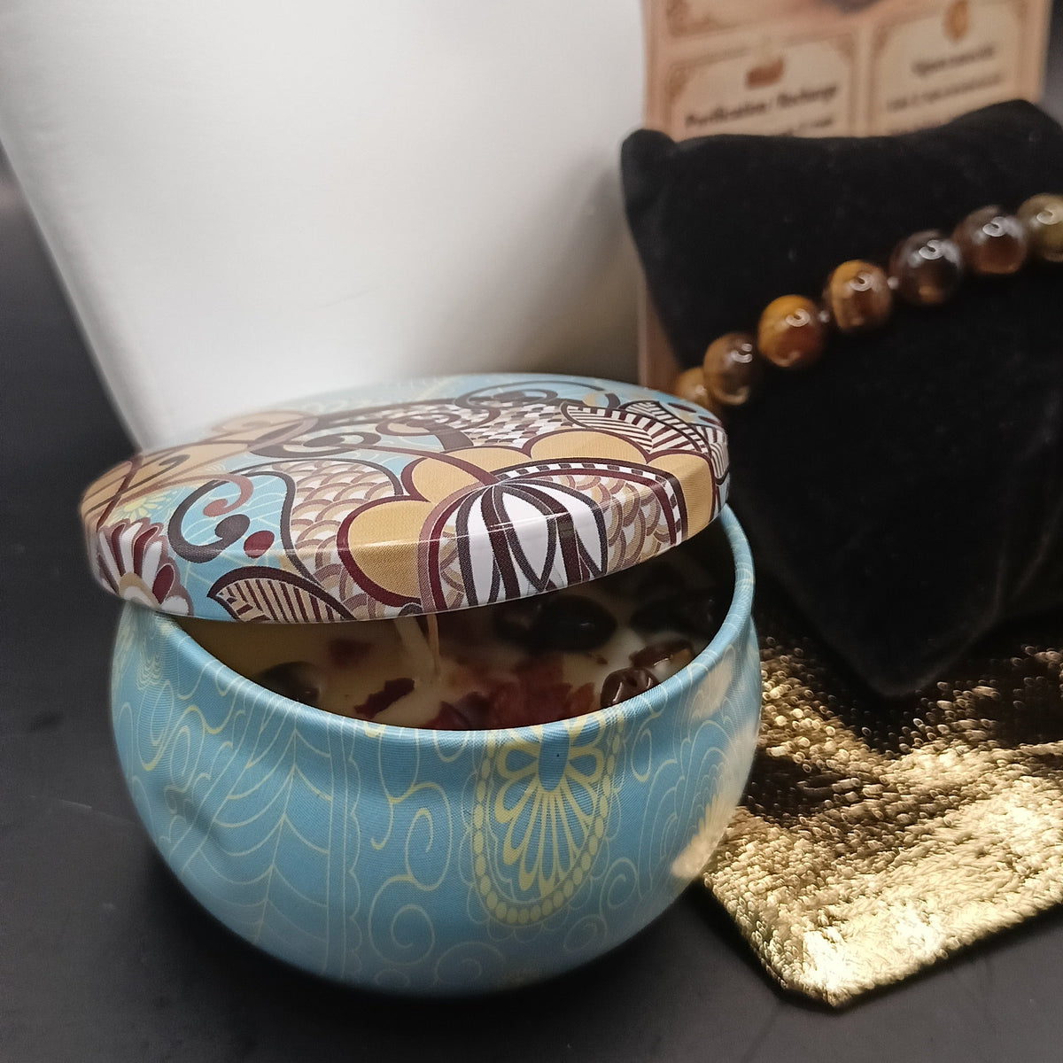 Coffret _ Oeil de tigre _ bracelet, boucles d'oreilles et bougie